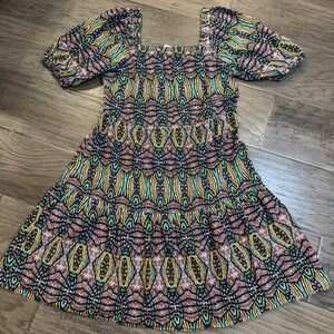 Cato Smocked Dress Tiered Colorful Print Square Neck‎ Short Sleeve Size S